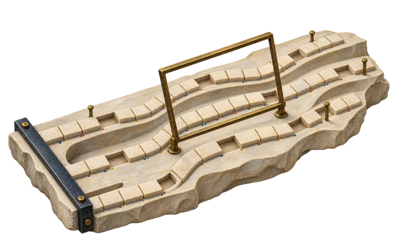 Conceptual stone care paths with unfilled intervals extending beyond a partial observation frame.
