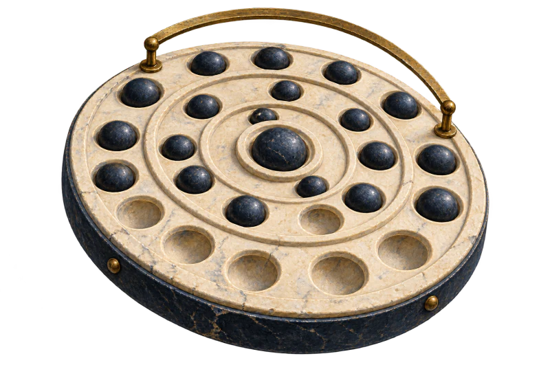 Conceptual carved register with unfilled sockets outside a partial brass observation arc. The empty spaces remain open.